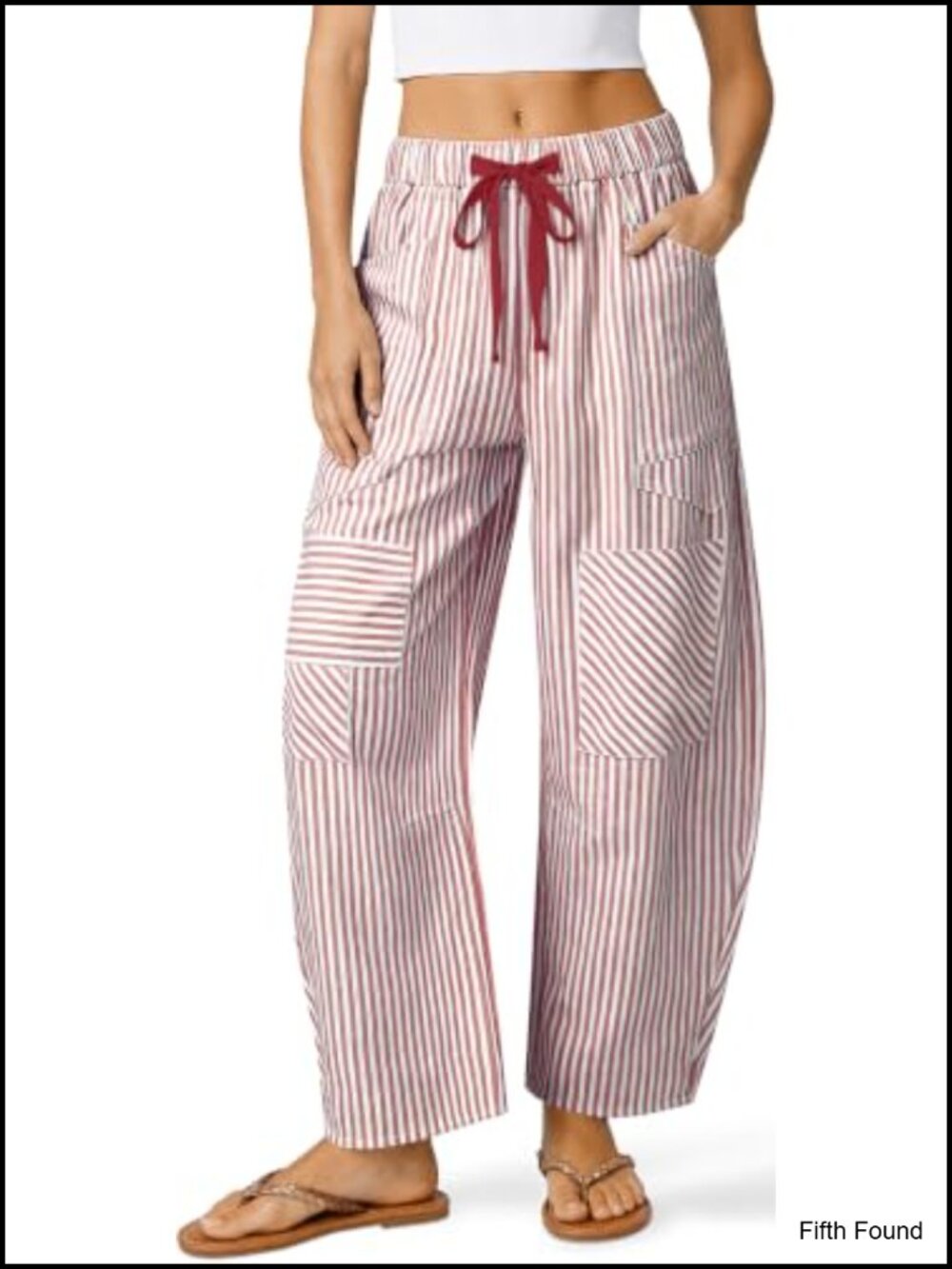 Women's Striped Linen Barrel Pants - Wide Leg Drawstring Casual